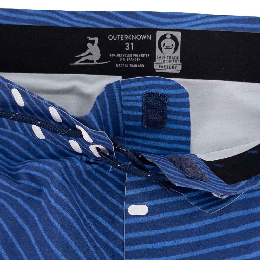 Outerknown Mens 31 Apex Board Shorts Blue Wave Print Surf Trunks Kelly Slater